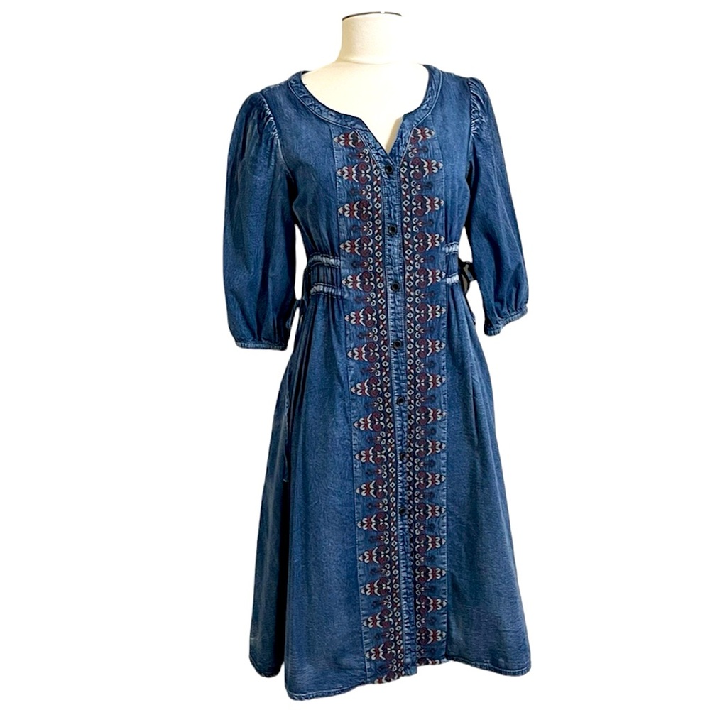 Womens Denim Embroidered Bodice Midi Flared Skirt Boho Blue Dress